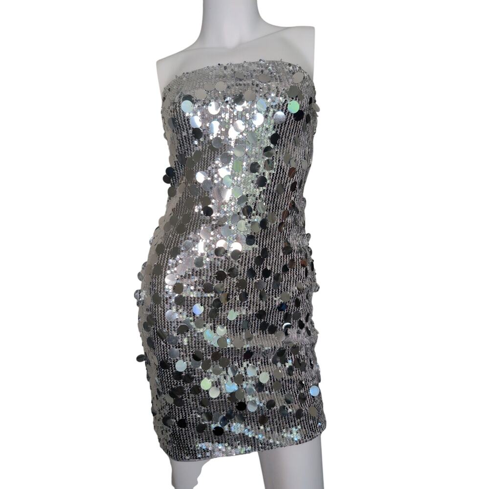 Silver Sequin Strapless Mini‎ Dress XS Bodycon Party Club Glam Festival Disco